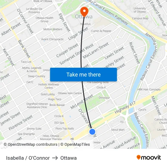 Isabella / O'Connor to Ottawa map