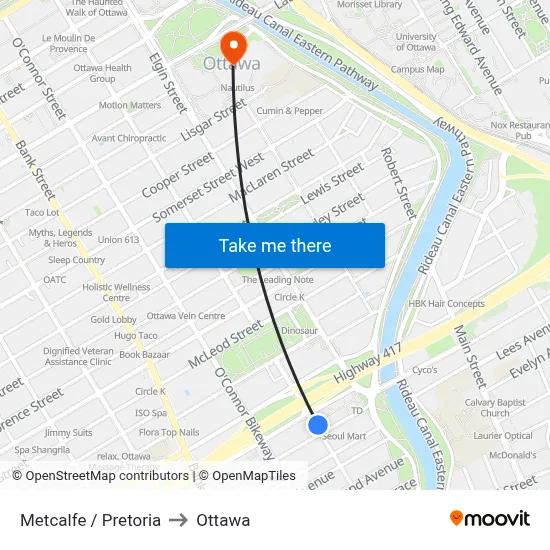 Metcalfe / Pretoria to Ottawa map