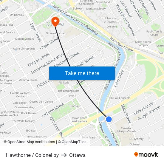 Hawthorne / Colonel by to Ottawa map