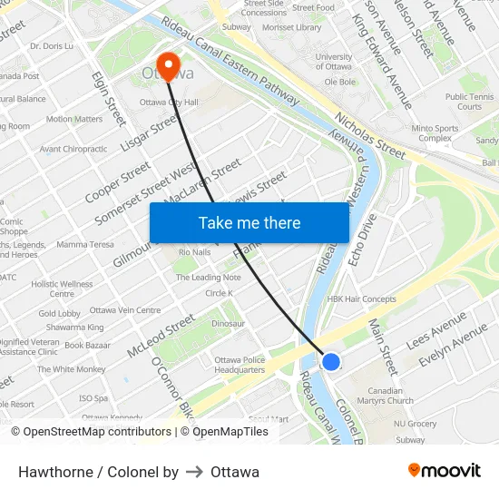 Hawthorne / Colonel by to Ottawa map
