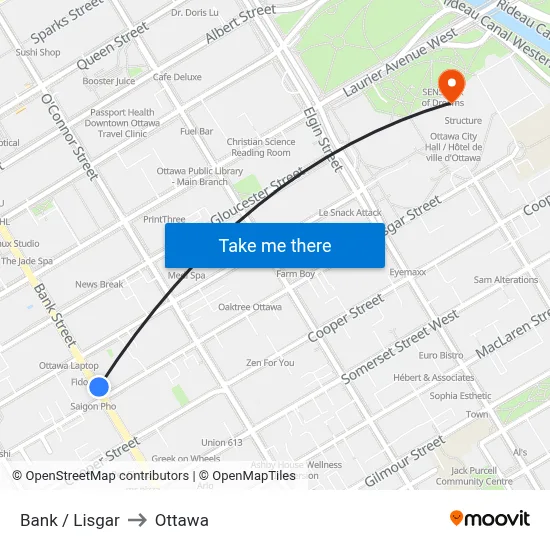 Bank / Lisgar to Ottawa map