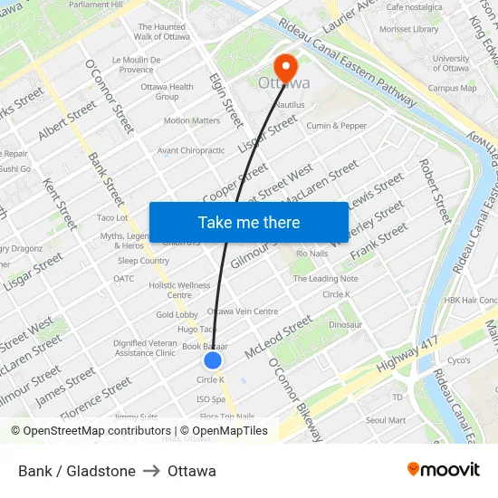 Bank / Gladstone to Ottawa map