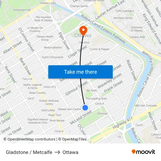 Gladstone / Metcalfe to Ottawa map