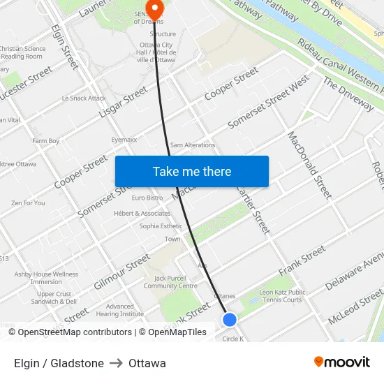 Elgin / Gladstone to Ottawa map