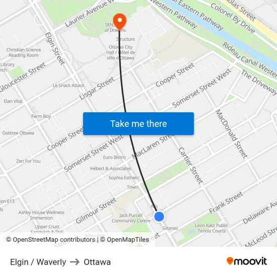 Elgin / Waverly to Ottawa map