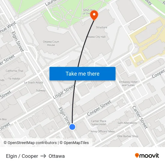 Elgin / Cooper to Ottawa map
