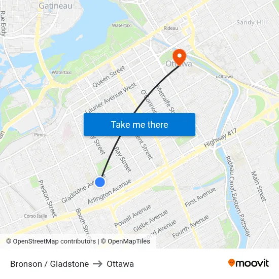 Bronson / Gladstone to Ottawa map