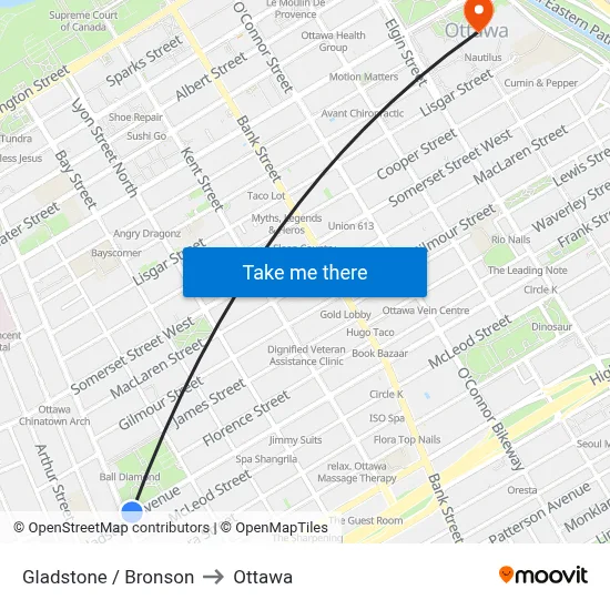 Gladstone / Bronson to Ottawa map