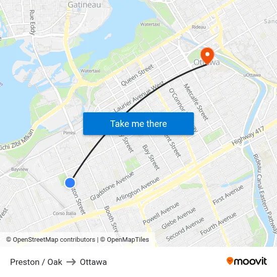 Preston / Oak to Ottawa map