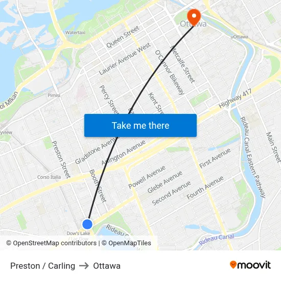 Preston / Carling to Ottawa map
