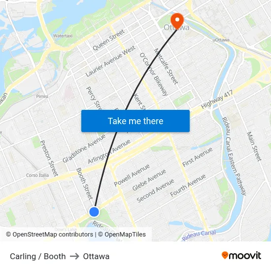 Carling / Booth to Ottawa map