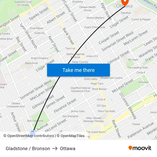 Gladstone / Bronson to Ottawa map