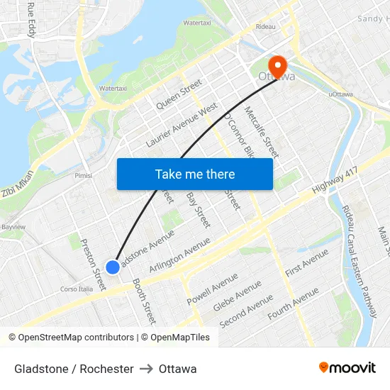 Gladstone / Rochester to Ottawa map