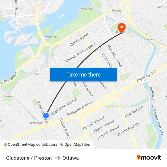 Gladstone / Preston to Ottawa map