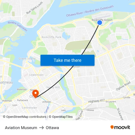 Aviation Museum to Ottawa map