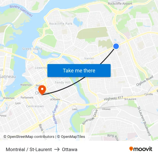 Montréal / St-Laurent to Ottawa map