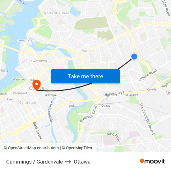 Cummings / Gardenvale to Ottawa map
