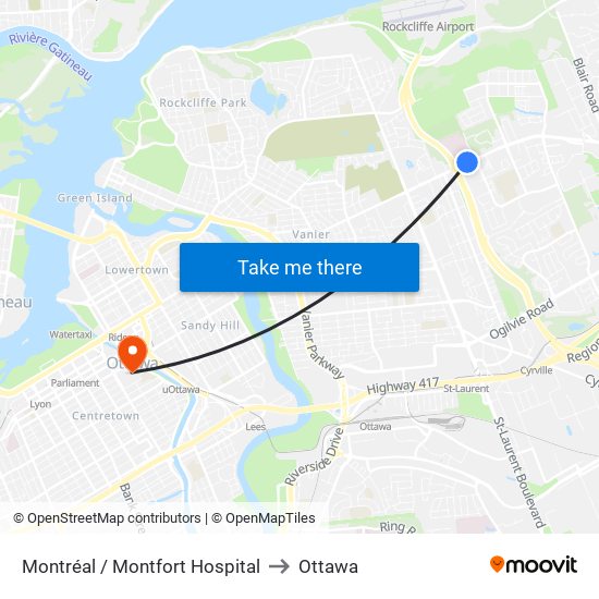 Montréal / Montfort Hospital to Ottawa map