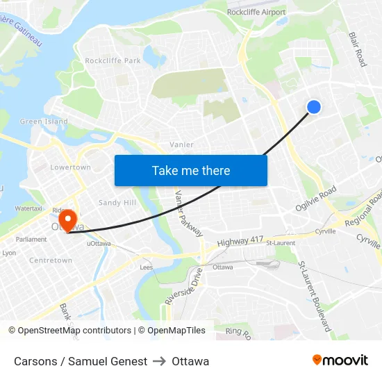 Carsons / Samuel Genest to Ottawa map