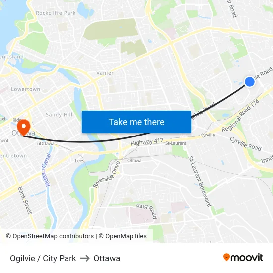 Ogilvie / City Park to Ottawa map