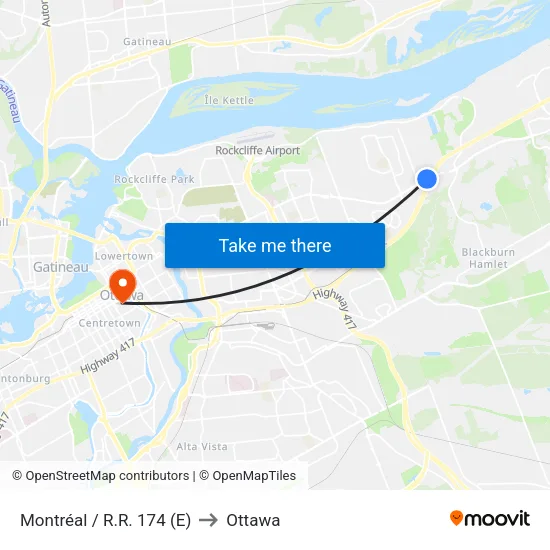 Montréal / R.R. 174 (E) to Ottawa map