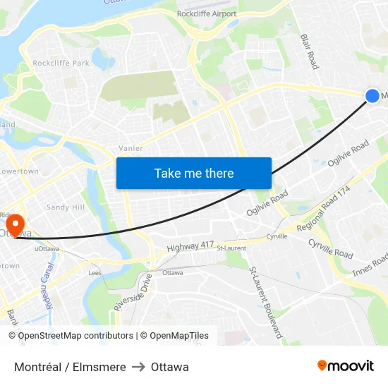 Montréal / Elmsmere to Ottawa map