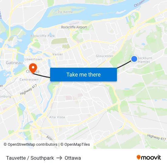 Tauvette / Southpark to Ottawa map