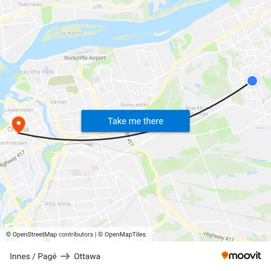 Innes / Pagé to Ottawa map