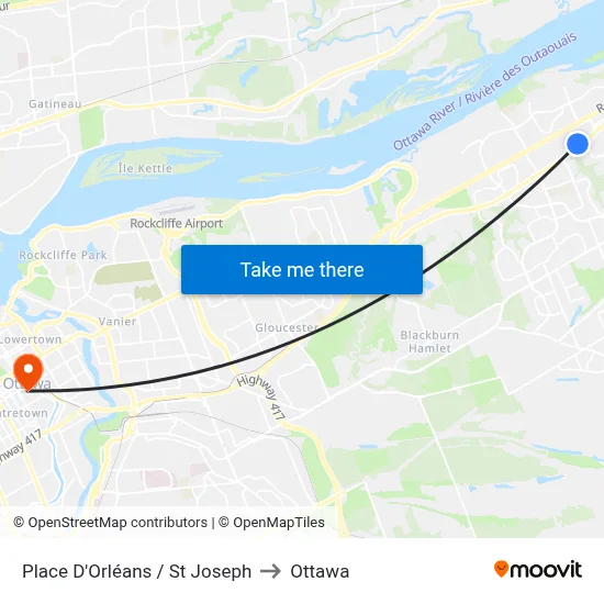 Place D'Orléans / St Joseph to Ottawa map