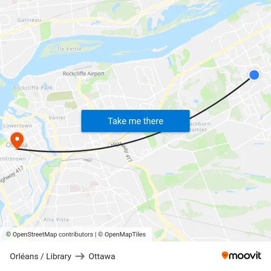 Orléans / Library to Ottawa map