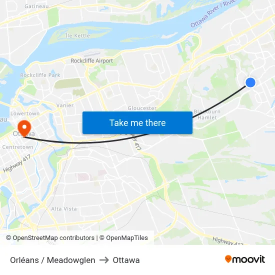 Orléans / Meadowglen to Ottawa map