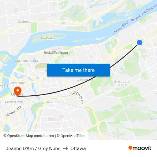 Jeanne D'Arc / Grey Nuns to Ottawa map