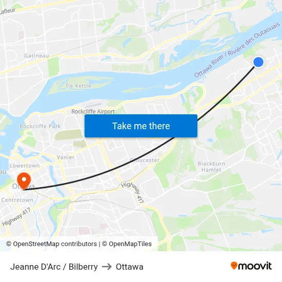 Jeanne D'Arc / Bilberry to Ottawa map
