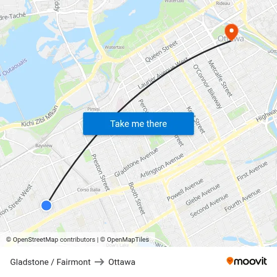Gladstone / Fairmont to Ottawa map