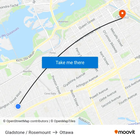 Gladstone / Rosemount to Ottawa map
