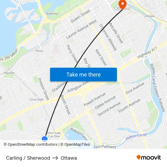 Carling / Sherwood to Ottawa map