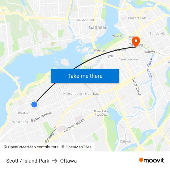 Scott / Island Park to Ottawa map