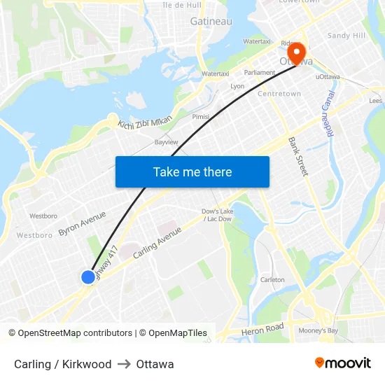 Carling / Kirkwood to Ottawa map
