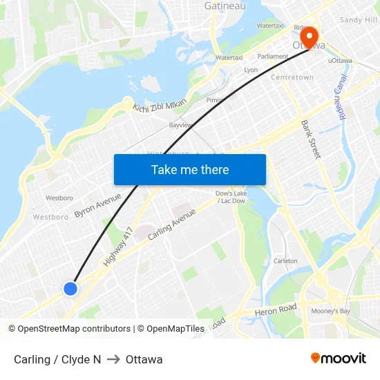 Carling / Clyde N to Ottawa map