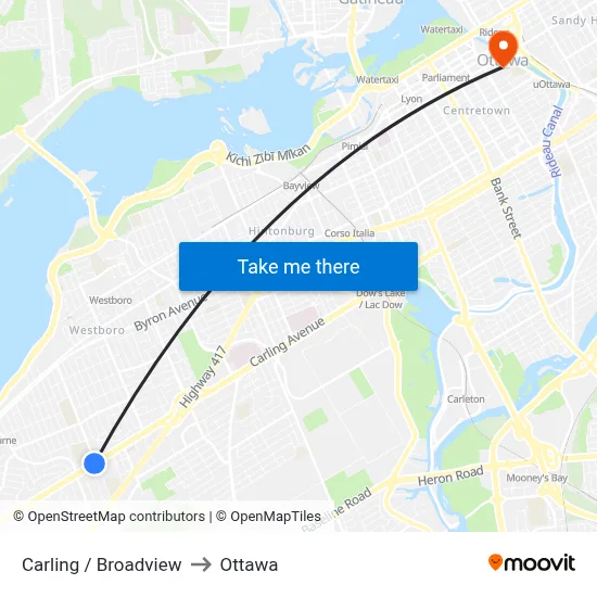 Carling / Broadview to Ottawa map