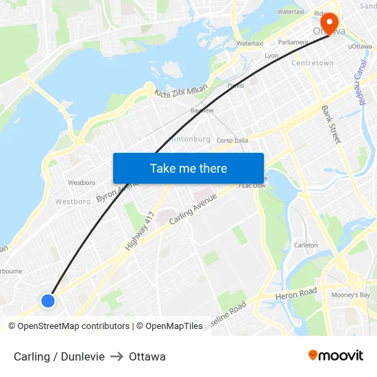 Carling / Dunlevie to Ottawa map