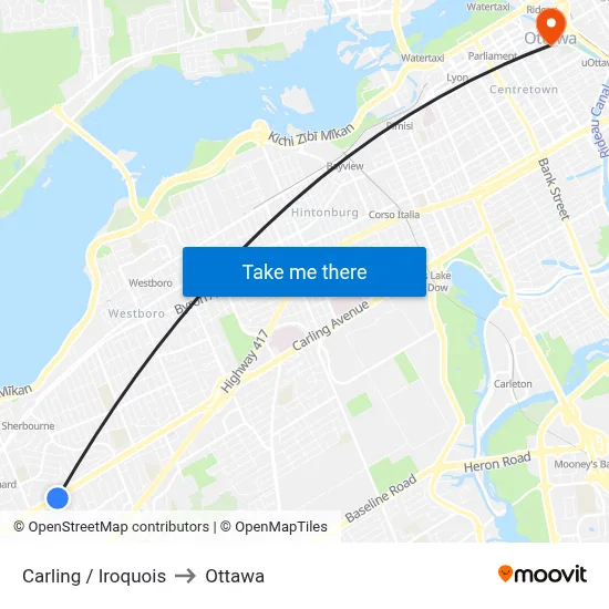 Carling / Iroquois to Ottawa map