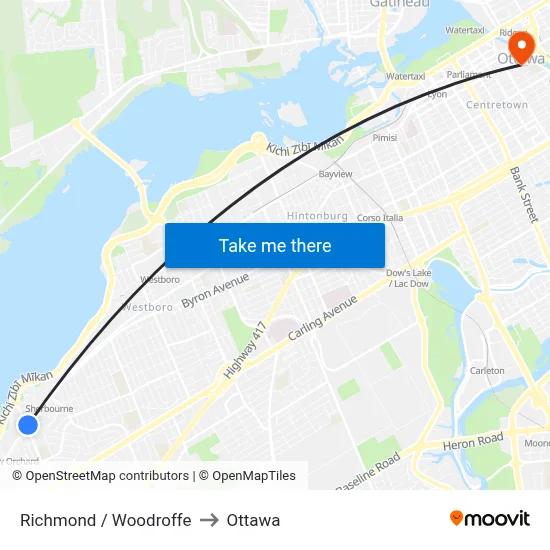 Richmond / Woodroffe to Ottawa map