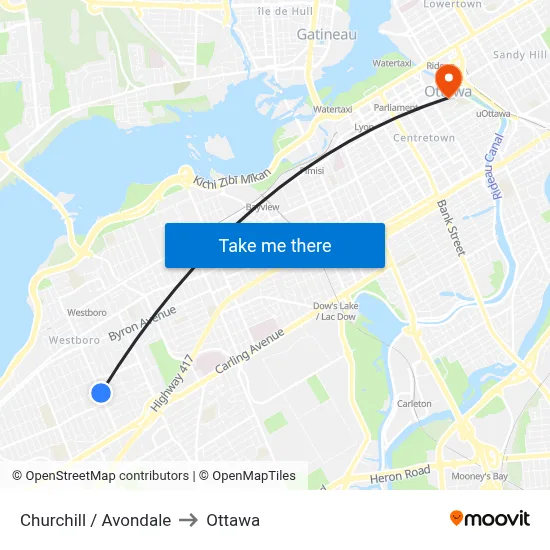 Churchill / Avondale to Ottawa map