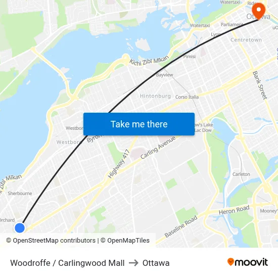 Woodroffe / Carlingwood Mall to Ottawa map