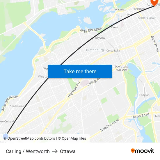 Carling / Wentworth to Ottawa map
