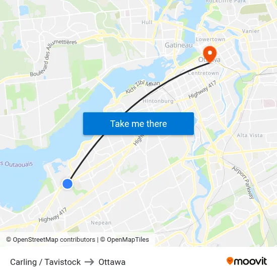 Carling / Tavistock to Ottawa map
