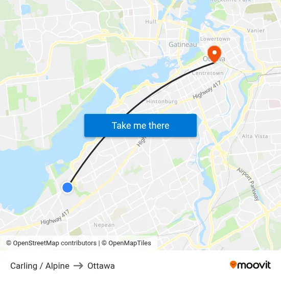 Carling / Alpine to Ottawa map