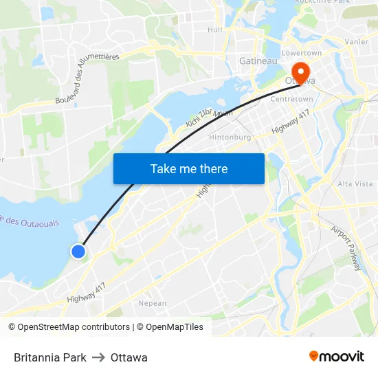 Britannia Park Parking to Ottawa map