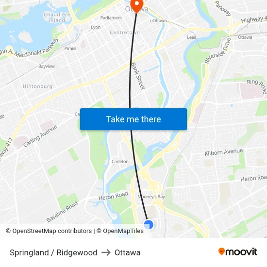Springland / Ridgewood to Ottawa map